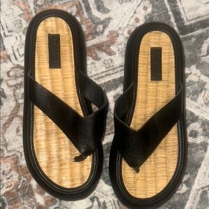 St. Agni Tatami Black Leather Raffia Platform Sandals